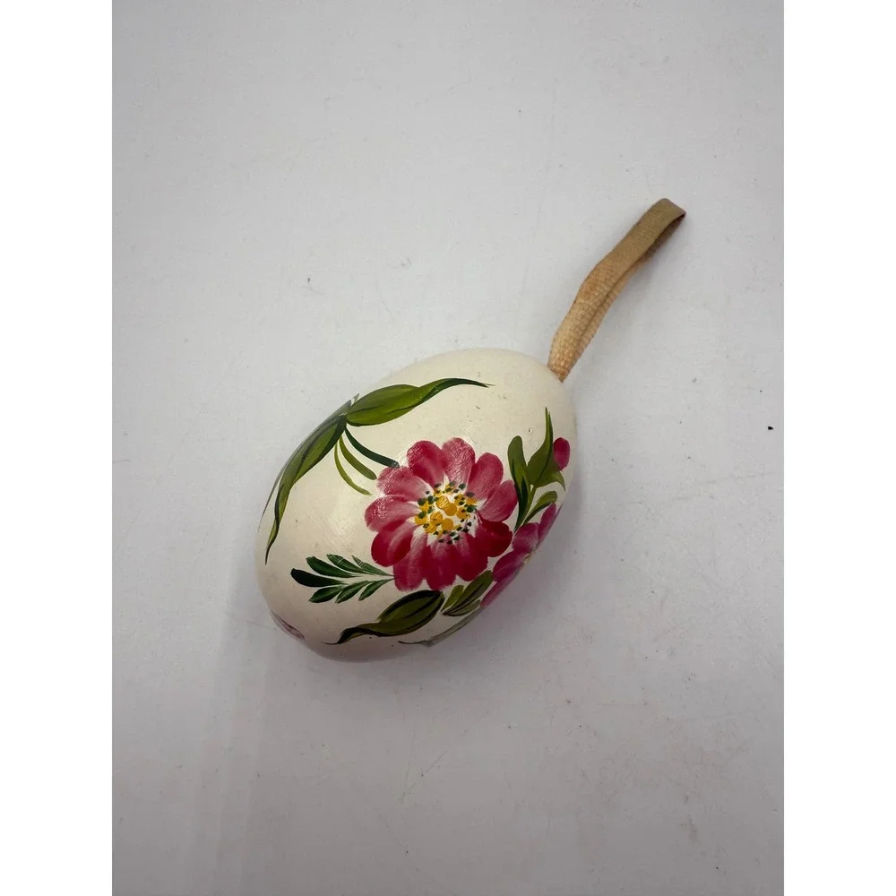 Vintage Hand Painted Wooden Easter Egg Ornament Pink Floral Folk Art‎ Cream 2.5